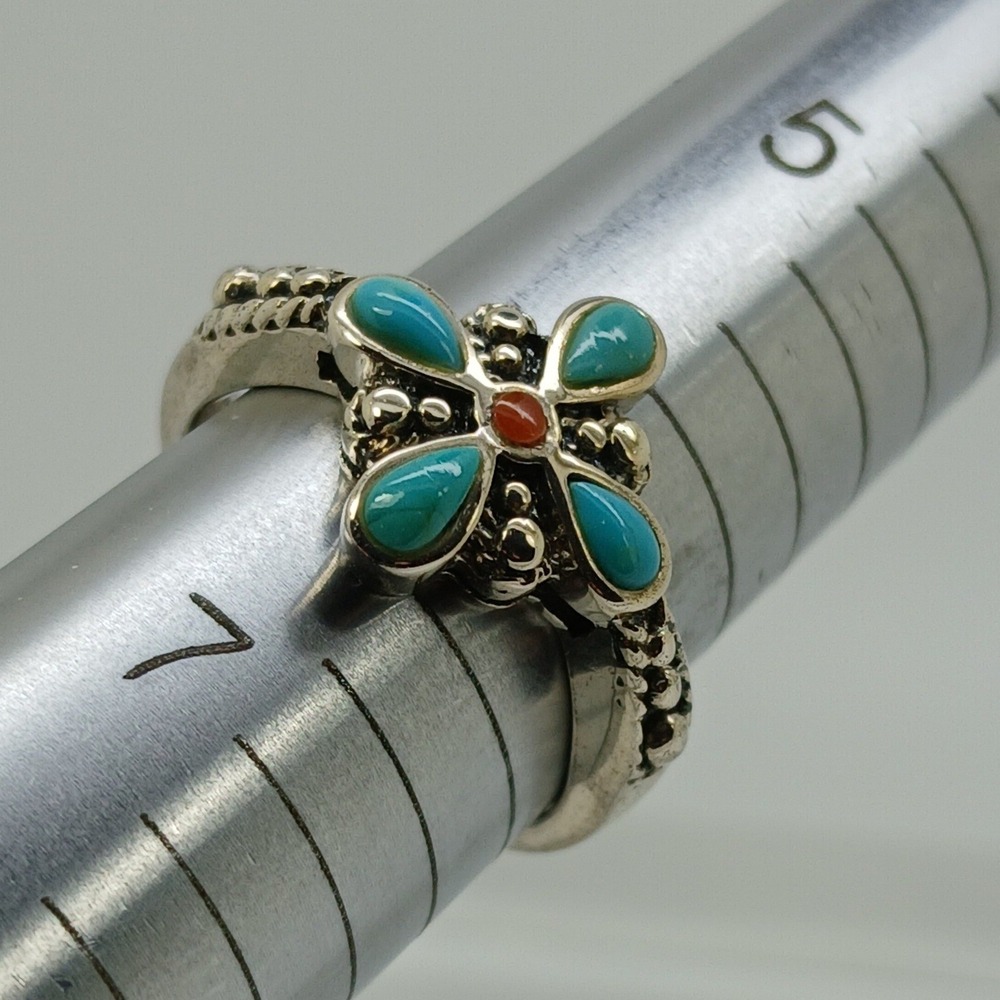 Vintage 90s BOMA Sterling Silver Turquoise Coral Flower Ring Size 6 Thailand NOS - Picture 5 of 16
